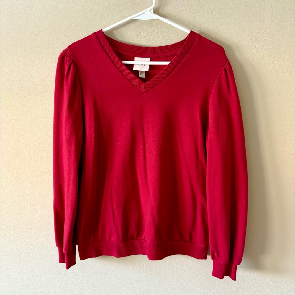Knox Rose Puff Sleeve V Neck Red Sweatshirt